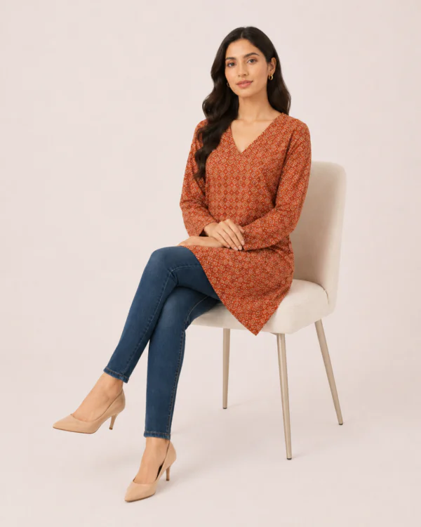 elrare rust tile print tunic seated