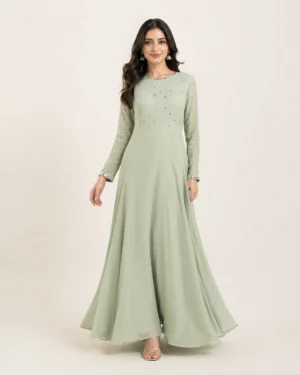 elrare sage mirror work maxi dress front view