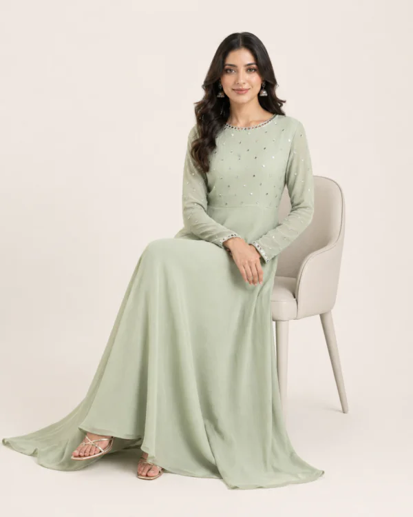 elrare sage mirror work maxi dress seated
