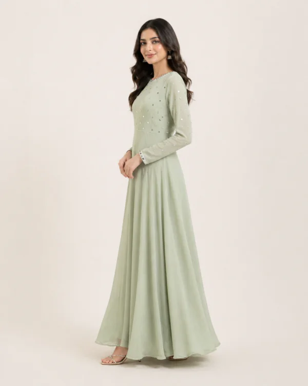 elrare sage mirror work maxi dress side view