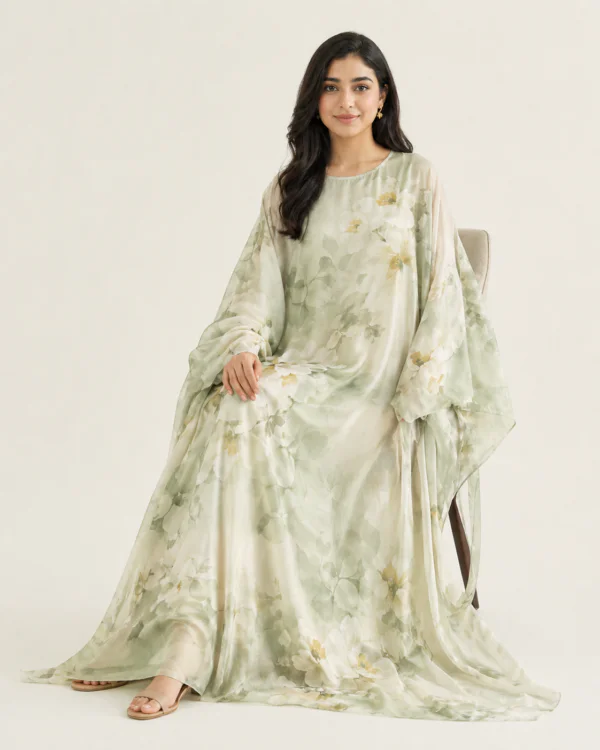elrare sage watercolour floral kaftan seated