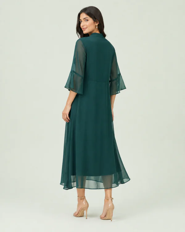 elrare teal bow tie chiffon maxi dress back view