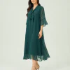 elrare teal bow tie chiffon maxi dress front pose