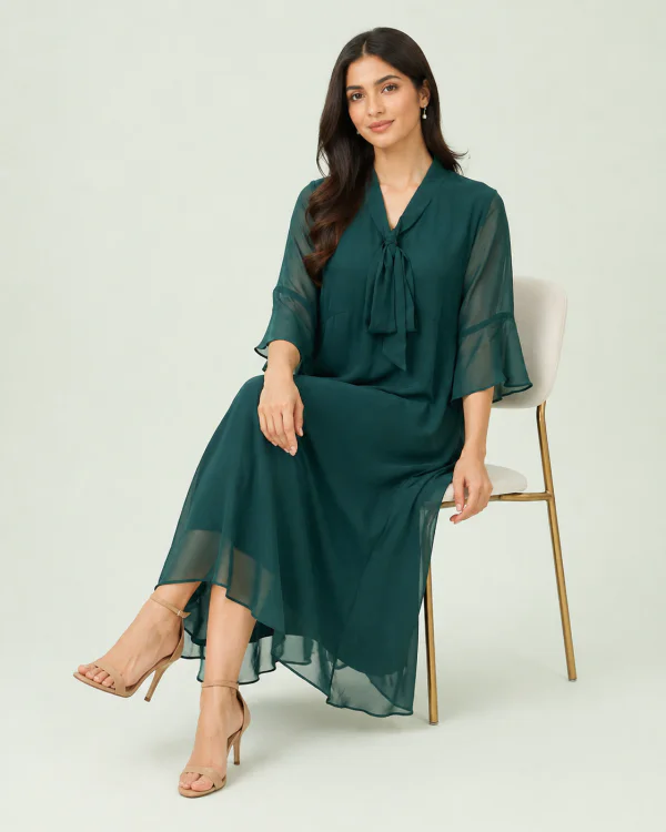 elrare teal bow tie chiffon maxi dress seated