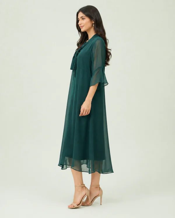 elrare teal bow tie chiffon maxi dress side view