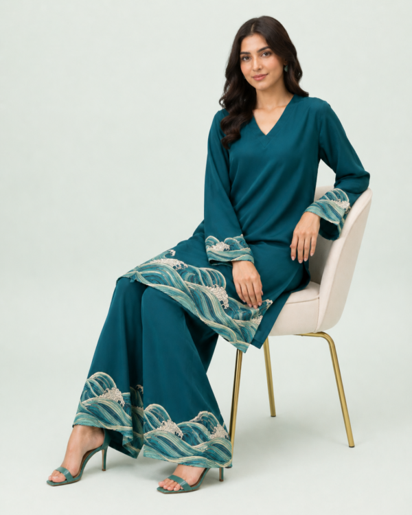 elrare teal wave print coords seated