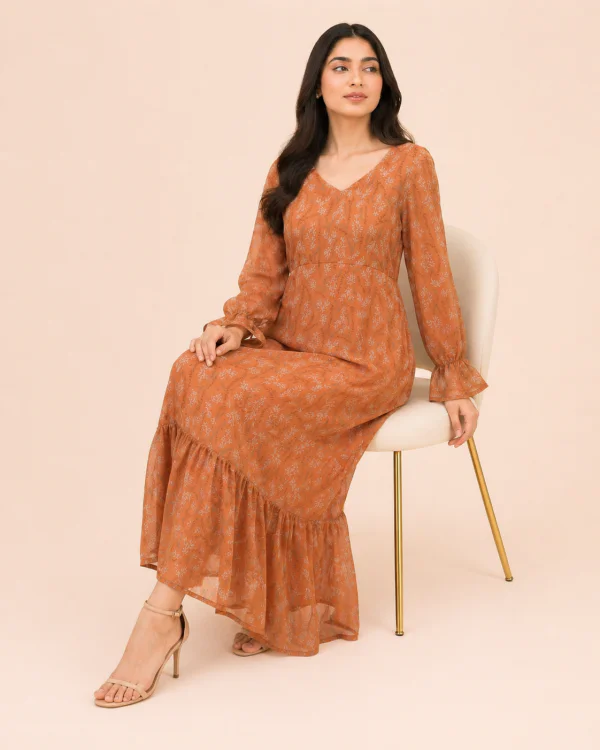 elrare terracotta botanical maxi dress back view
