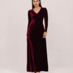 elrare wine velvet crystal maxi dress front view