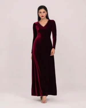 elrare wine velvet crystal maxi dress front view