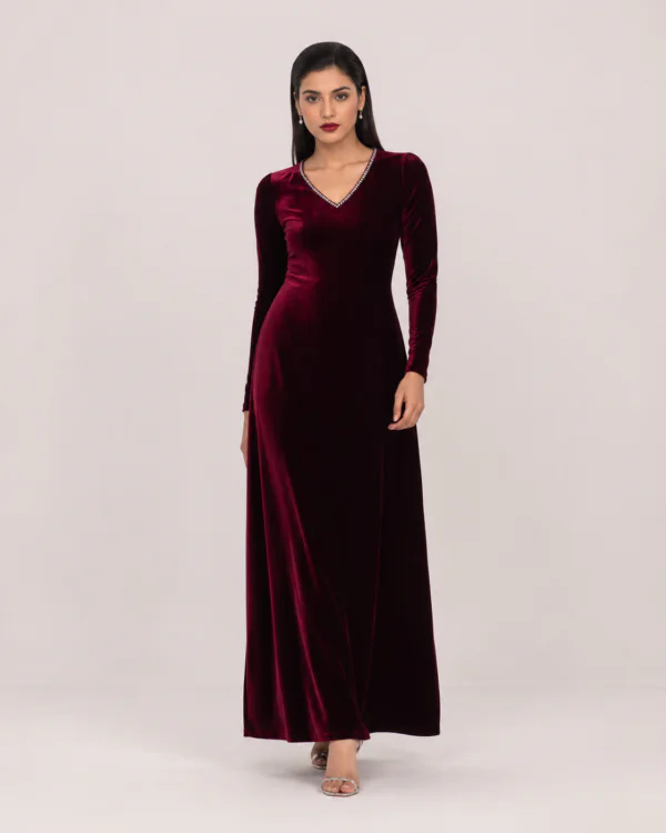 elrare wine velvet crystal maxi dress front view