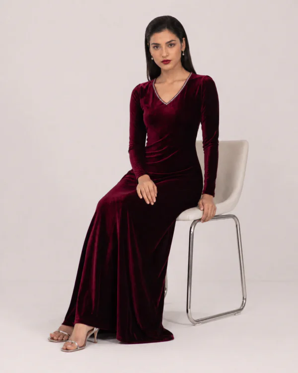 elrare wine velvet crystal maxi dress seated