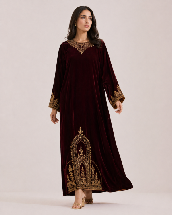 elrare wine velvet zardozi maxi dress front pose