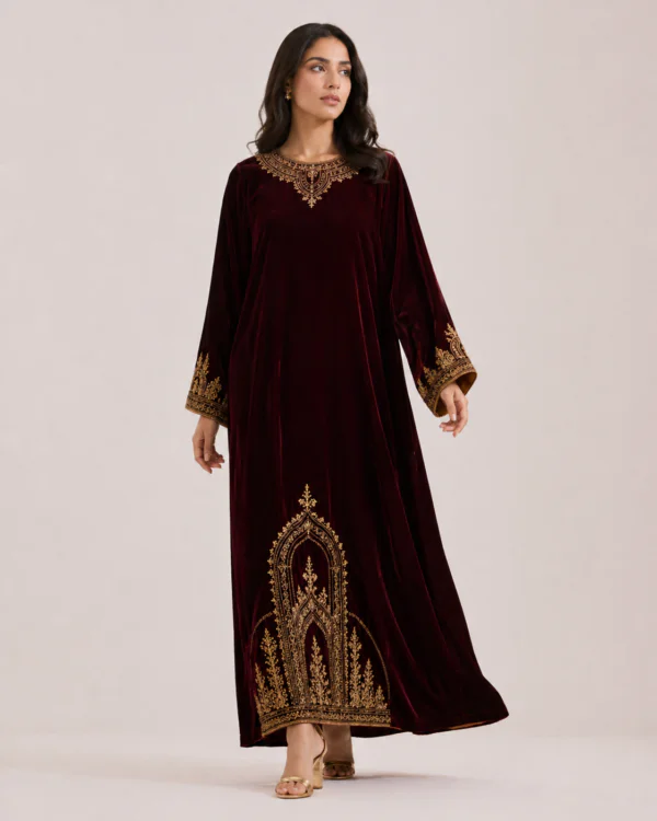 elrare wine velvet zardozi maxi dress front pose