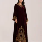 elrare wine velvet zardozi maxi dress front view