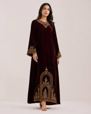 elrare wine velvet zardozi maxi dress front view