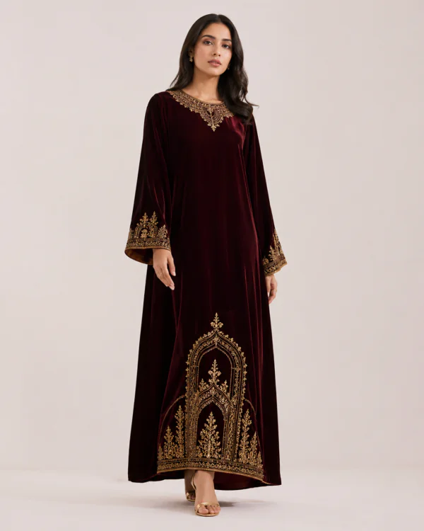 elrare wine velvet zardozi maxi dress front view