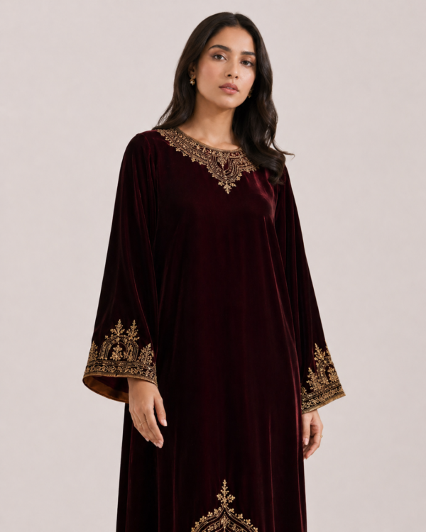elrare wine velvet zardozi maxi dress neckline detail