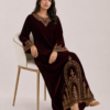 elrare wine velvet zardozi maxi dress seated