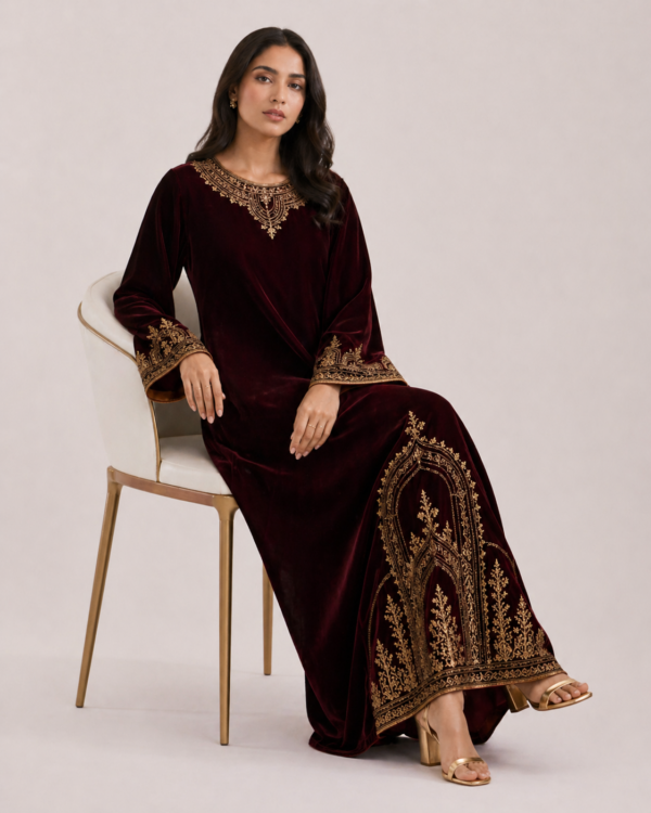 elrare wine velvet zardozi maxi dress seated