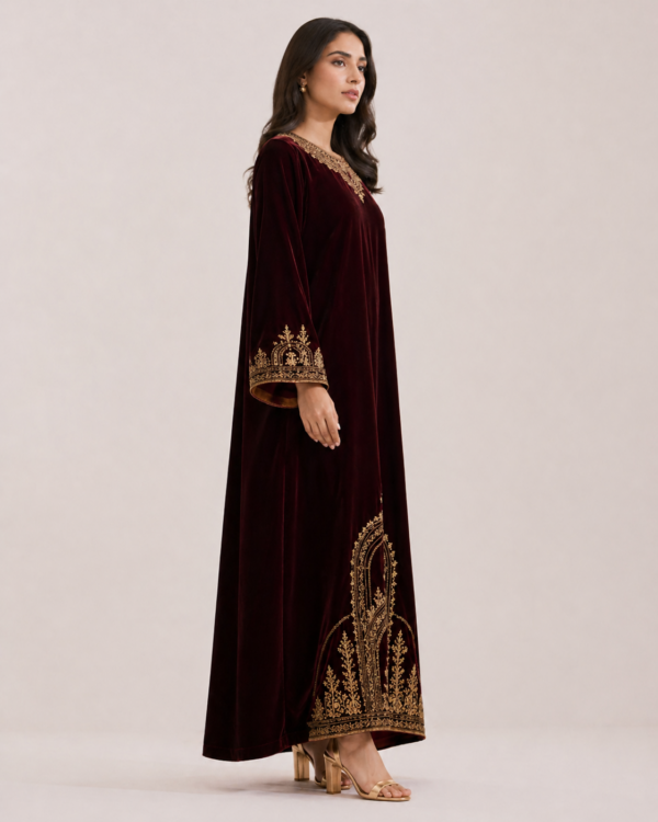 elrare wine velvet zardozi maxi dress side view