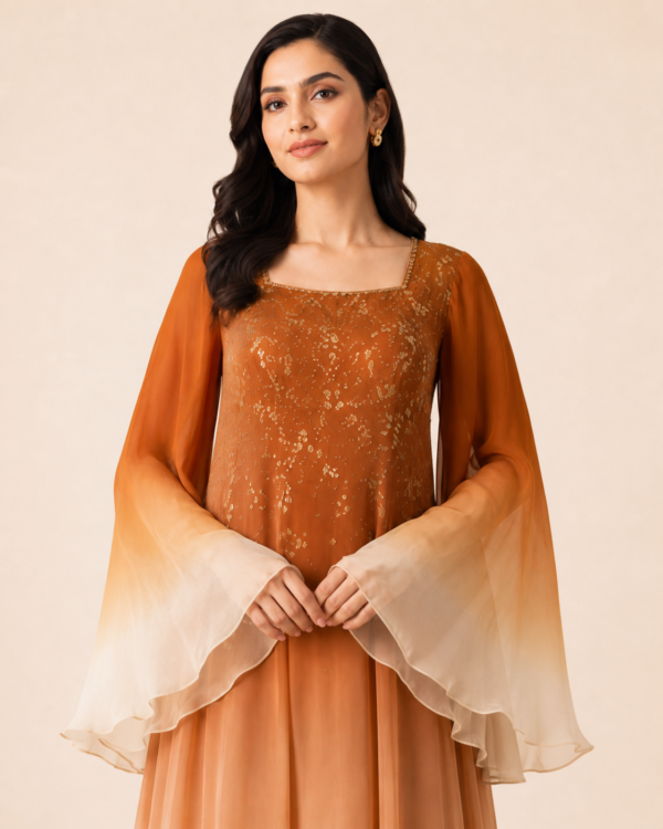 elrare amber ombre bell sleeve maxi neckline detail