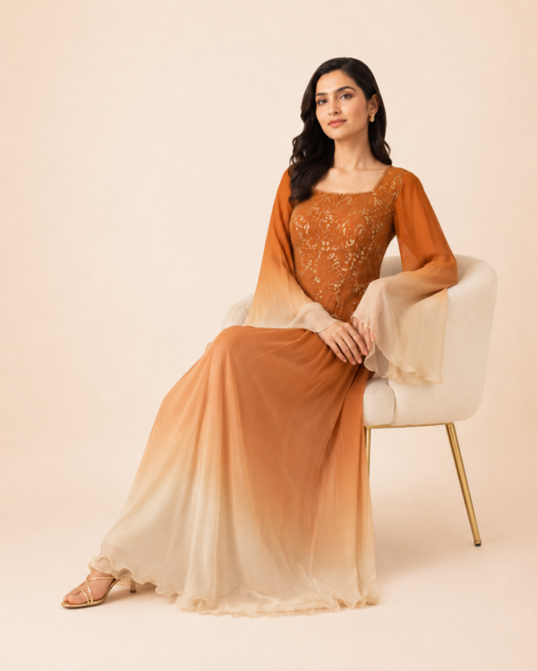 elrare amber ombre bell sleeve maxi seated