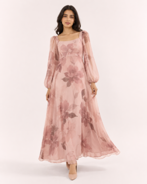 elrare dusty rose watercolor floral maxi dress front view