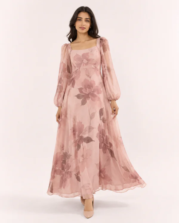 elrare dusty rose watercolor floral maxi dress front view