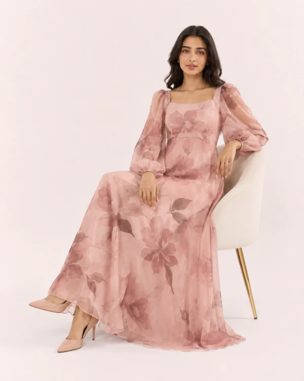 elrare dusty rose watercolor floral maxi dress seated