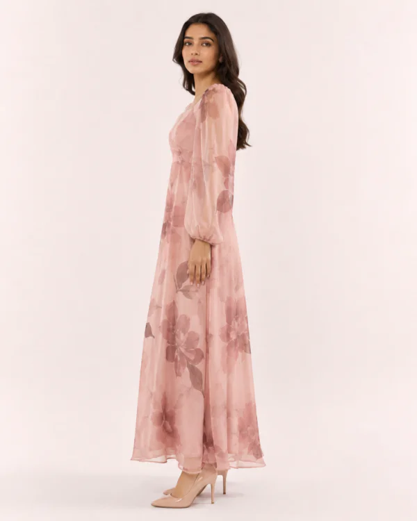 elrare dusty rose watercolor floral maxi dress side view
