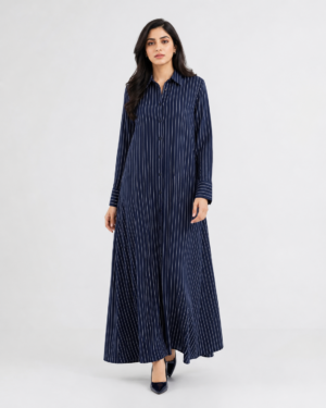 elrare navy pinstripe shirt maxi dress front view