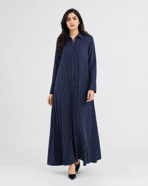 elrare navy pinstripe shirt maxi dress front view