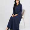 elrare navy pinstripe shirt maxi dress seated