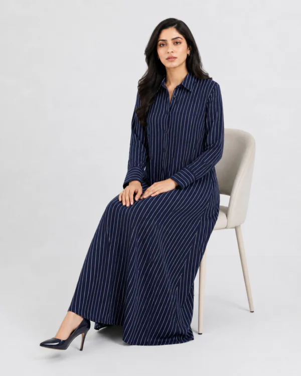 elrare navy pinstripe shirt maxi dress seated