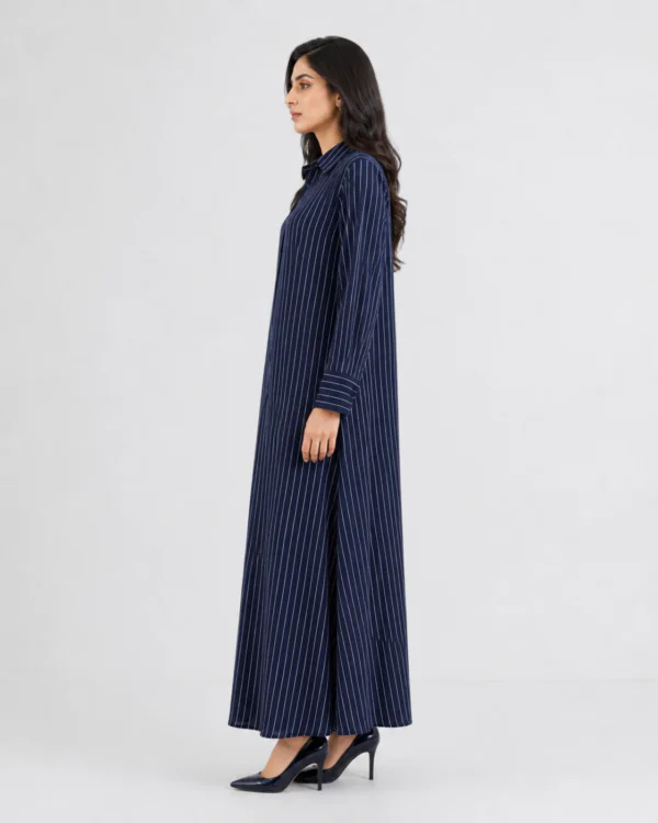 elrare navy pinstripe shirt maxi dress side view