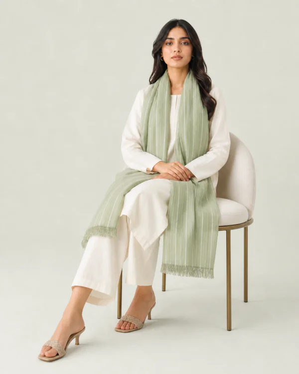 elrare sage pinstripe fringe dupatta seated