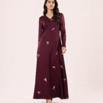 elrare wine rose petal satin maxi dress front view
