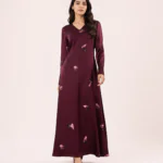 elrare wine rose petal satin maxi dress front view