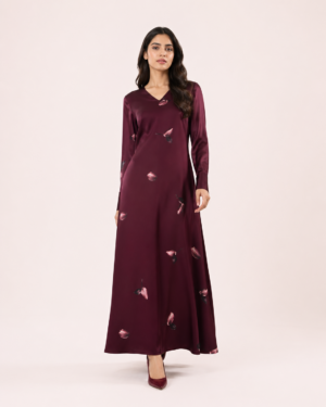 elrare wine rose petal satin maxi dress front view