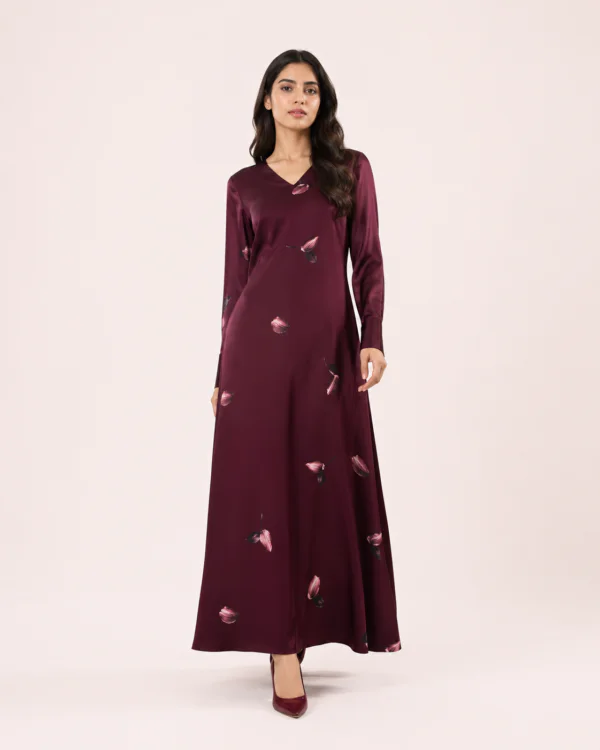 elrare wine rose petal satin maxi dress front view