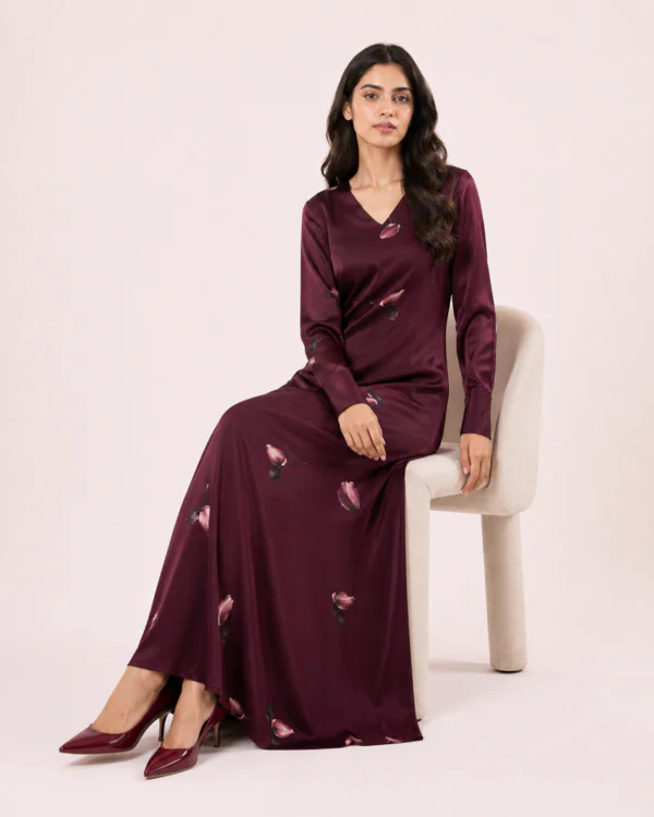 elrare wine rose petal satin maxi dress seated