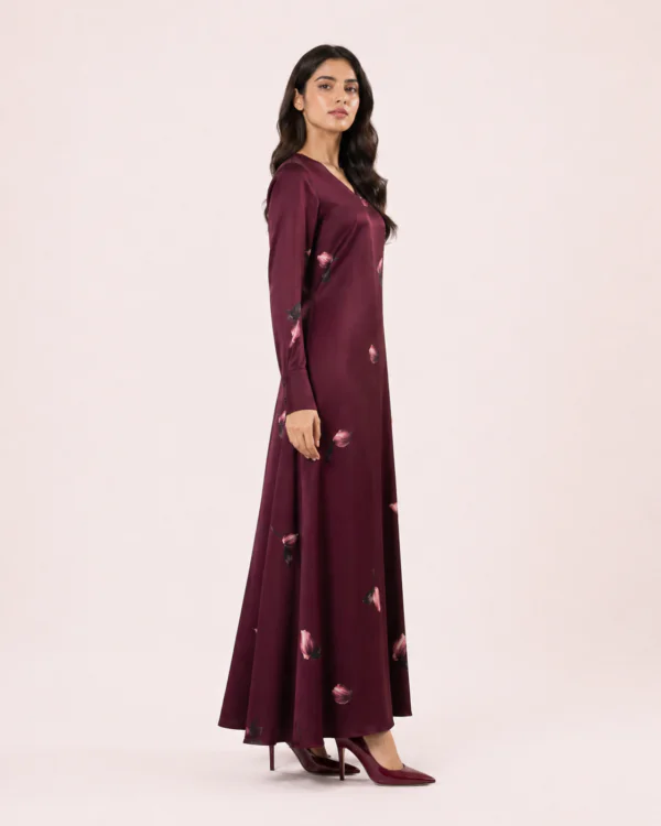 elrare wine rose petal satin maxi dress side view