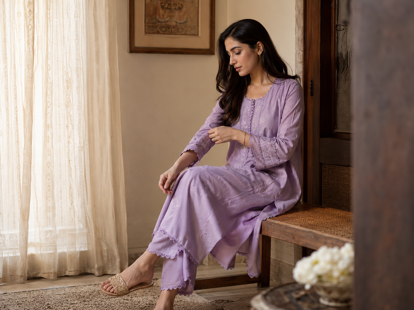 A Pakistani woman in a finished Elrare pret piece at home in soft daylight — what ready-to-wear looks like in everyday life