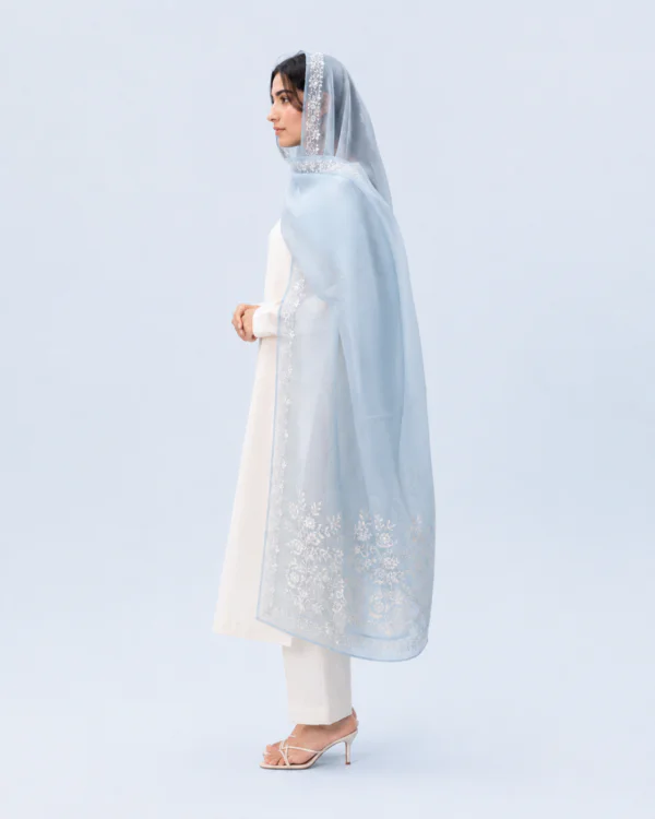 elrare powder blue floral organza dupatta side view
