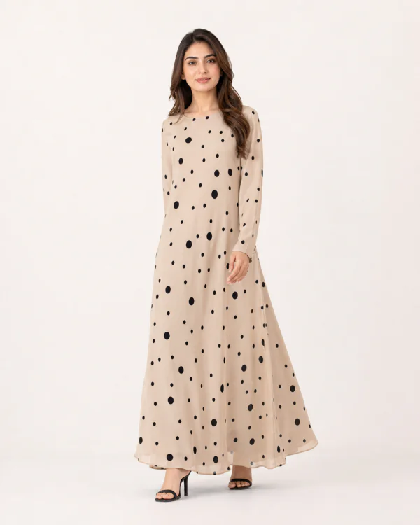 elrare beige black dot maxi front view