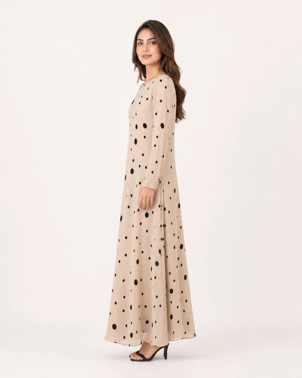 elrare beige black dot maxi side view