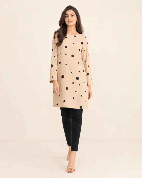 elrare beige black dot tunic front view