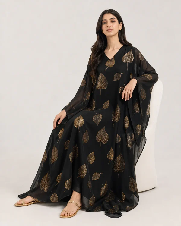 elrare black gold digital kaftan seated