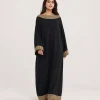 elrare black gold threadwork kaftan front view