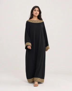 elrare black gold threadwork kaftan front view